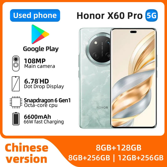 Honor X60 Pro 5g Battery capacity 6600mAh Android Snapdragon6 Gen1 6.78Inches 2700x1224px 108MP Camera Used Phone