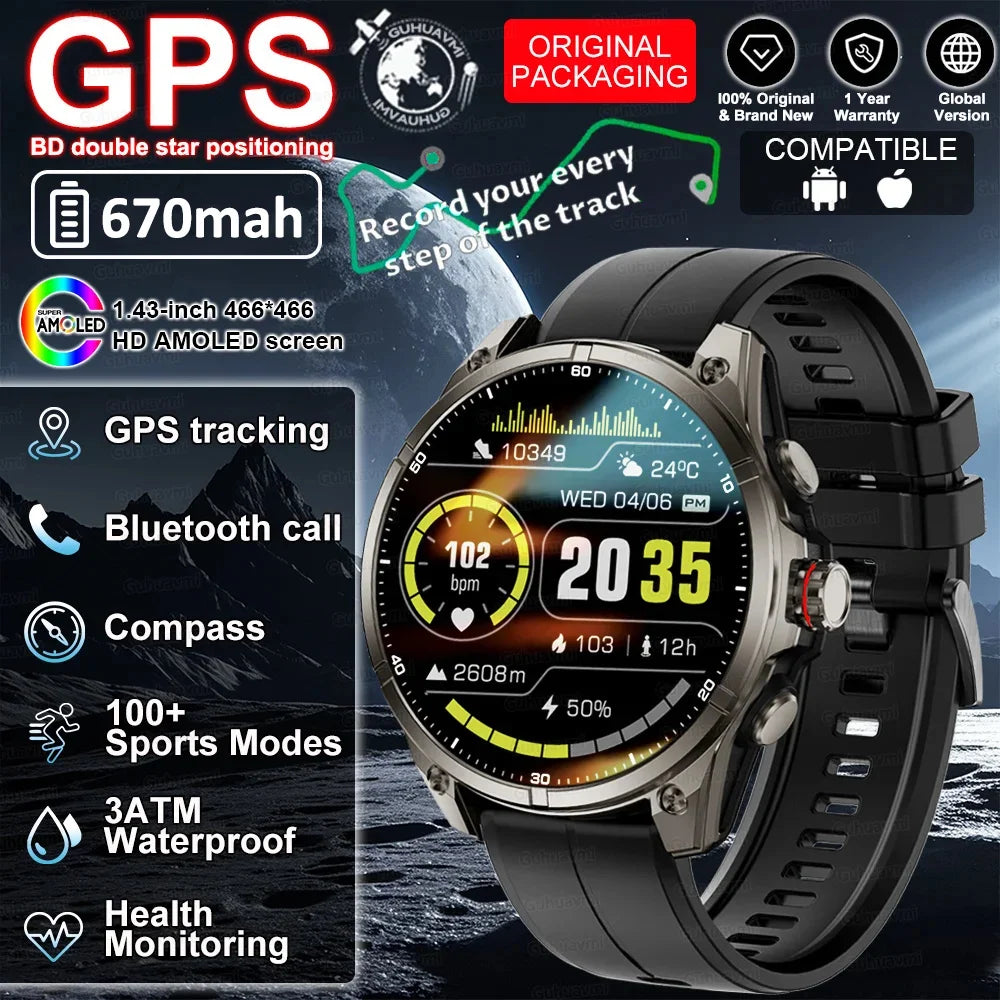 New GUHAUVMI GPS 670mAh Large Battery Durable Adult Smart Watch GPS Compass Altimeter Waterproof BT Call Sports Smartwatch Men