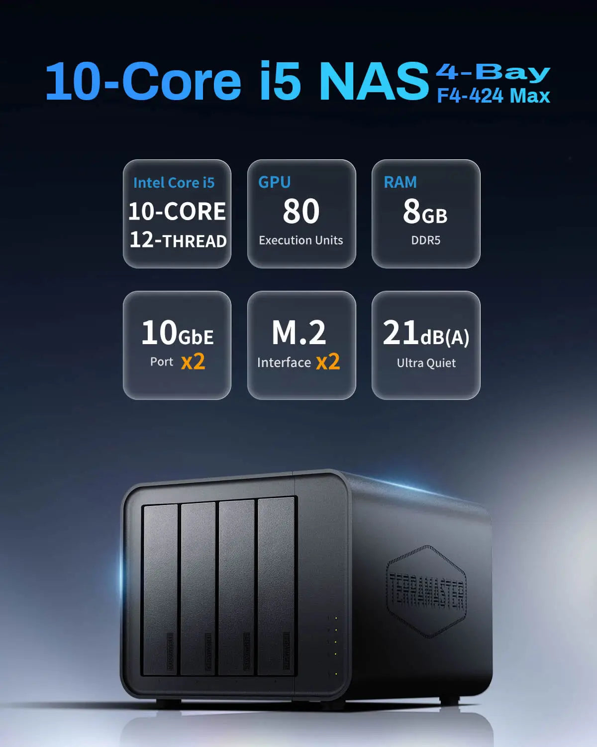 TERRAMASTER F4-424 Max NAS Storage - 4Bay Core i5 1235U 10Cores 12 Threads, 8GB DDR5 RAM, Network Attached Storage(Diskless)