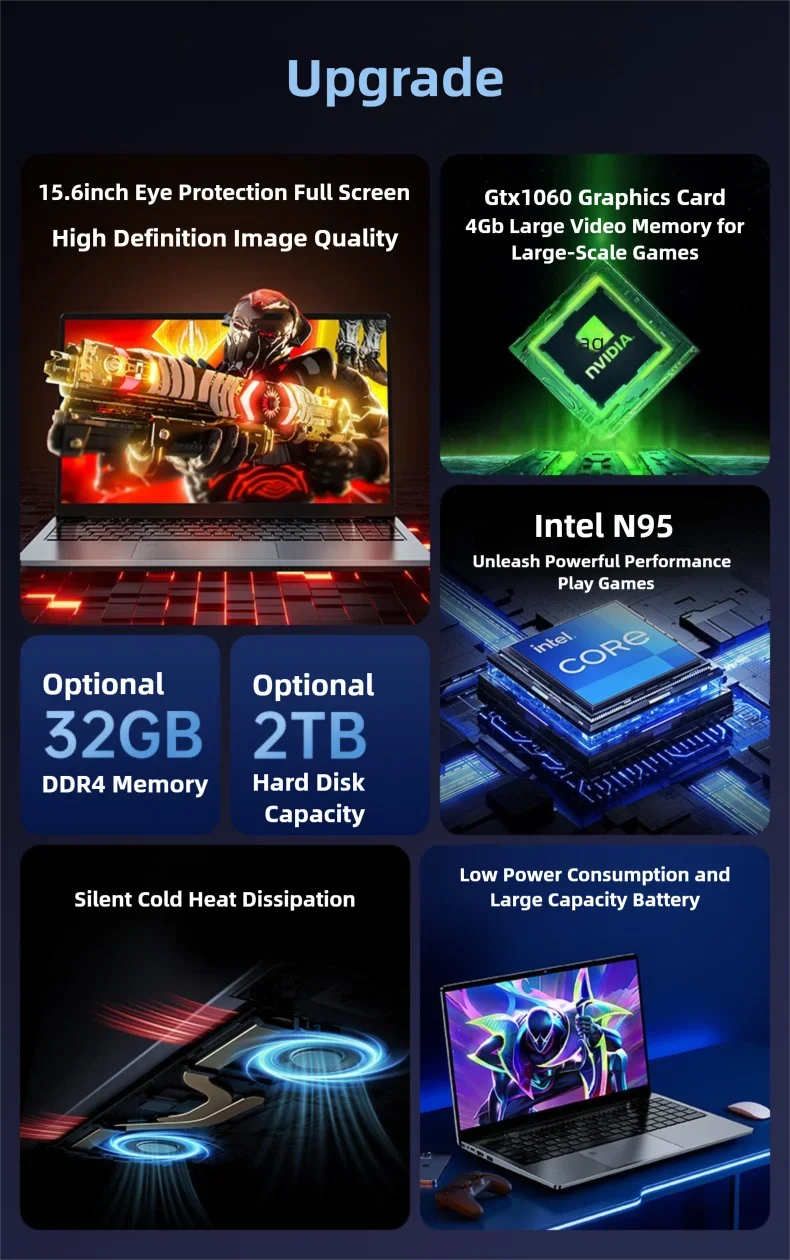 2025 12th Gen Intel Gaming Laptop 15.6" IPS HD Screen 16GB/32GB RAM NVMe PCI-e SSD NVIDIA GTX 1060 6GB GDDR5  Windows 11 Pro