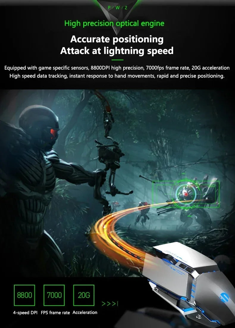 W2 USB Wired Gaming Mouse with Glowing Gamer Mechanical Metal Style Mice Suitable for PC Desktop Laptops Tablet Game Office