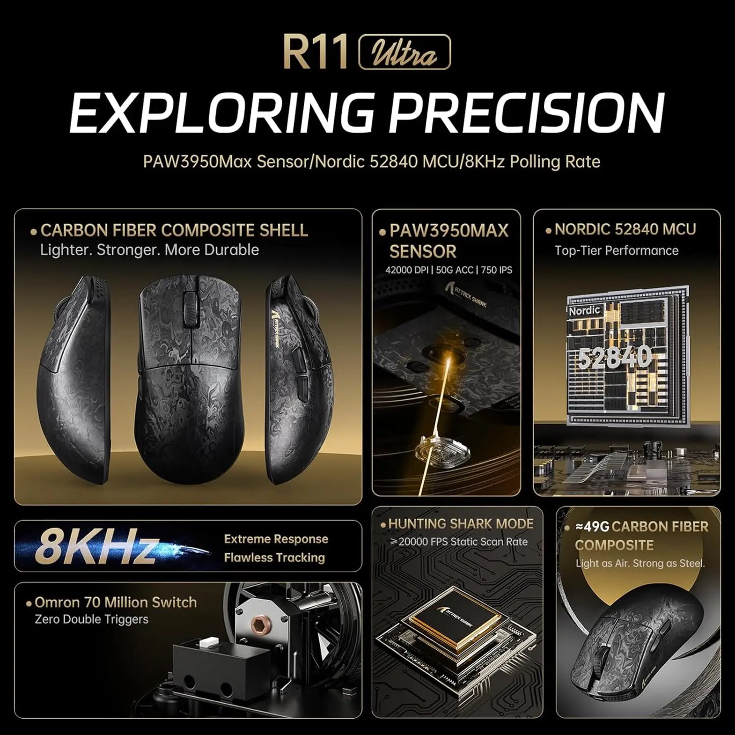 ATTACK SHARK R11 Ultra 8K Carbon Fiber Wireless Gaming Mouse with 42000 DPI-PAW3950 MAX Sensor-49g Lightweight,Nordic 52840 MCU