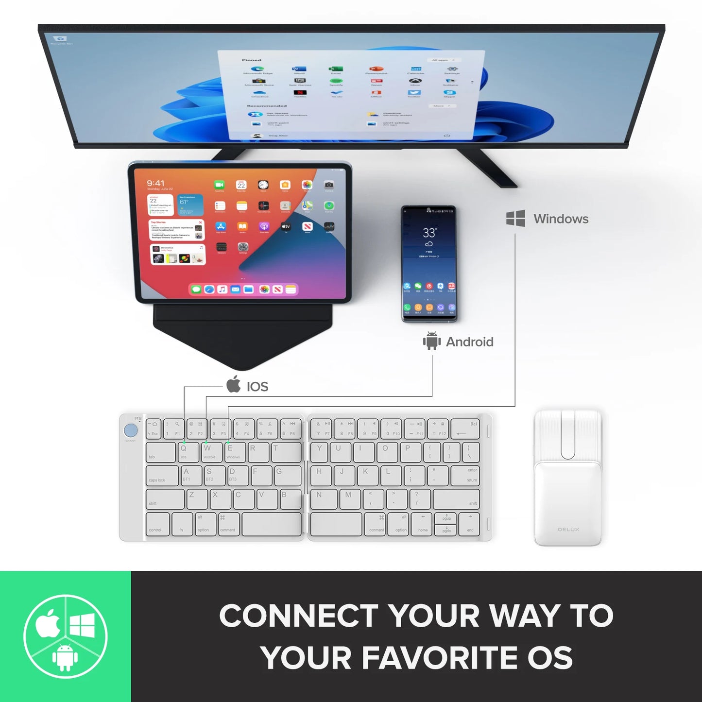 Delux Folding Keyboard Mouse Set Multi Function Ultra Slim Portable Bluetooth Silent Combo Multi-Device for PC Laptop Tablet