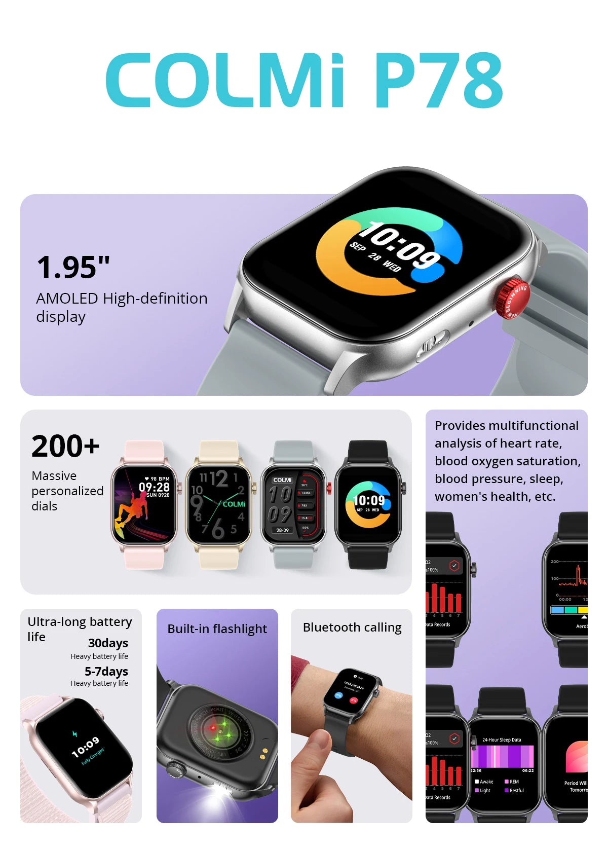 COLMI P78 AMOLED Smartwatch 1.95'' Display with Flashlight & Voice Calling 100+ Sports Mode Health Monitor Men Women Smart Watch