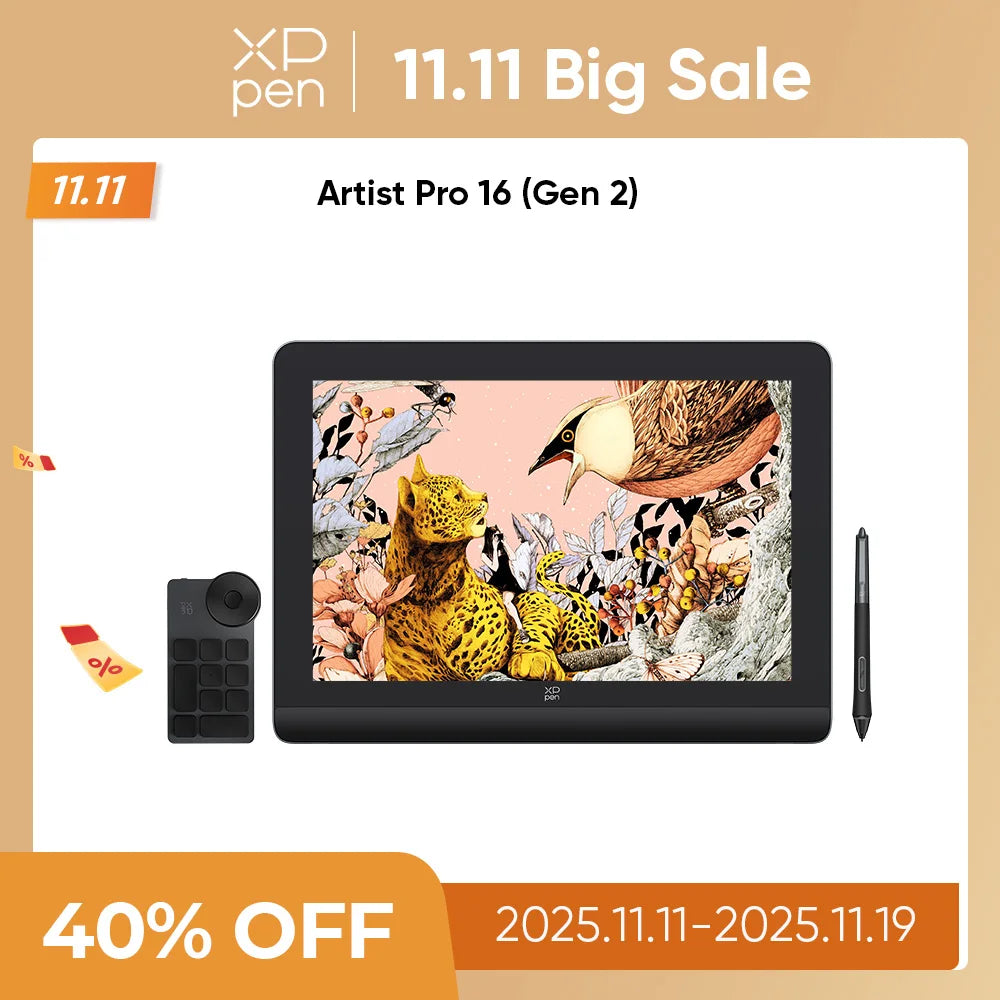 XPPen Artist Pro 16 (Gen 2) Graphics Tablet Monitor 16-inch Drawing Display 16K Pressure Levels 2.5K Resolution Windows Android