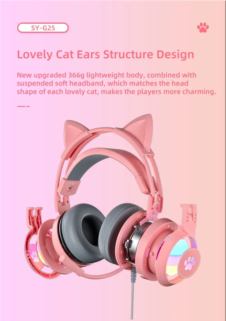 Cat Ears Headphones with Microphone For PS5 HiFi Stereo Bass Headset Gamer Girls RGB Black Pink Helmet for PC Laptop Phone Xbox
