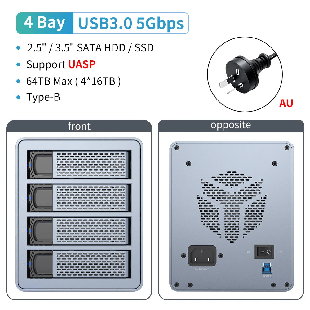 Yottamaster 10Gbps 2.5"3.5" inch SATA HDD SSD Enclosure 150W Hard Disk External Case USB3.1 Gen2 80TB Daisy Chain 270TB for NAS