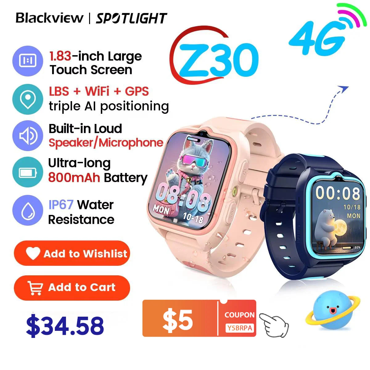 New Blackview Z30 Kids Smart Watch 4G Call Phone Watch, Waterproof Children Monitor Tracker, SOS Child Sports Digital Watches