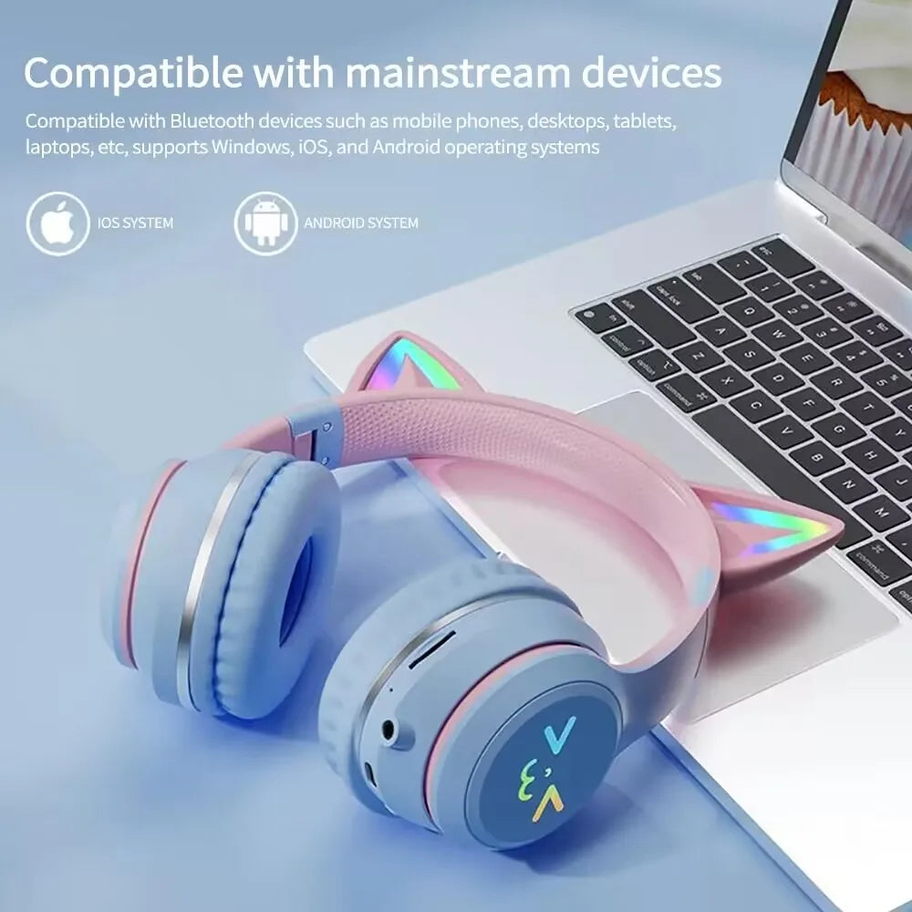 wireless Headphones RGB cute cat ear Bluetooth Earphones with microphone Stereo Music Game Earphone Girls Kids Gifts For XiaoMi