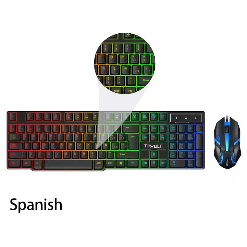 T20 Wired Keyboard Mouse Set 104 Keys RGB Blacklight Multi-function Shortcut USB Wired Gaming Keyboard English Russian Spanish