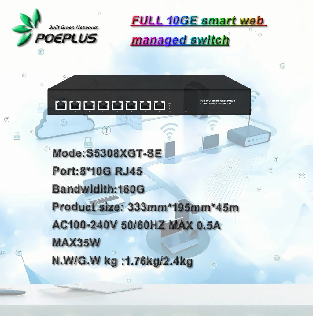 8 ports 10Gbe  switch|multi-gigabit web managed switch|POE or NON ,100/1000/10000M are adaptive