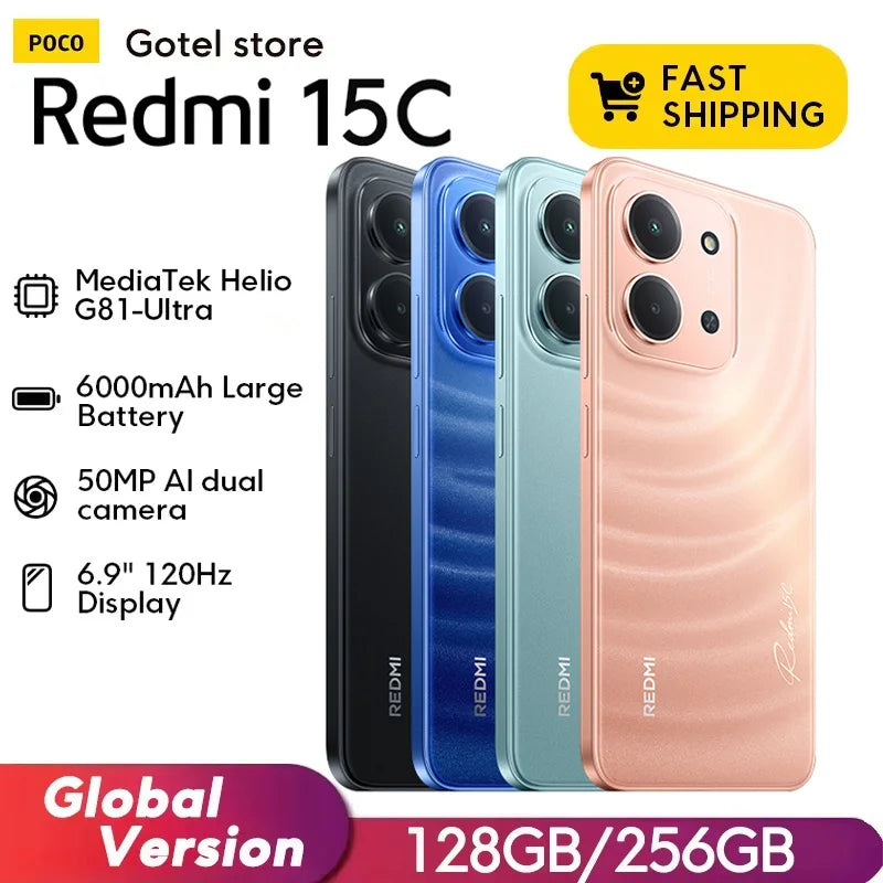 2026 Xiaomi Redmi 15C Smartphone Global Version MediaTek Helio G81-Ultra 120Hz 6.9" Dot Drop display 33W charging