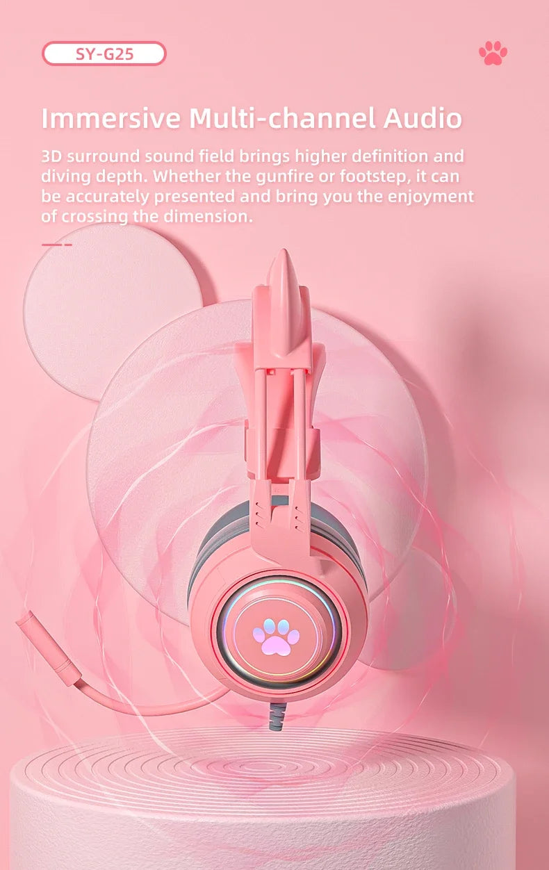 Cat Ears Headphones with Microphone For PS5 HiFi Stereo Bass Headset Gamer Girls RGB Black Pink Helmet for PC Laptop Phone Xbox