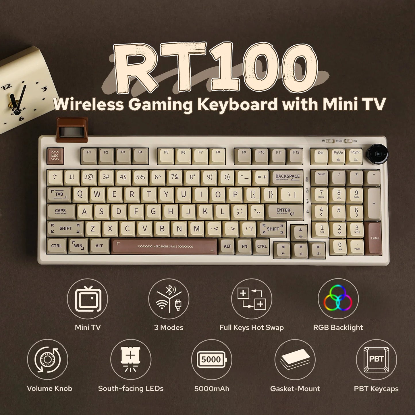 EPOMAKER RT100 97key 95% Bluetooth 5.0/2.4G Wireless/Wired Mechanical Keyboard Customizable Mini Display Gasket-mounted