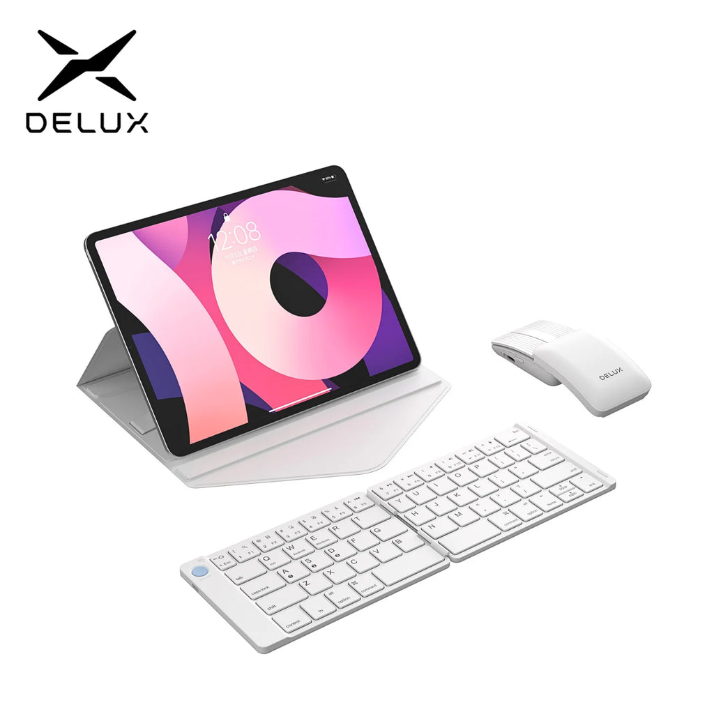 Delux Folding Keyboard Mouse Set Multi Function Ultra Slim Portable Bluetooth Silent Combo Multi-Device for PC Laptop Tablet