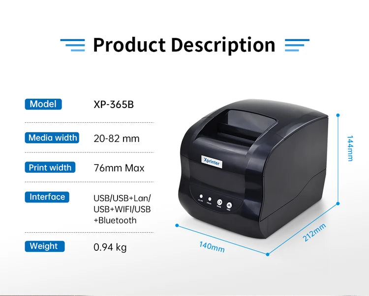 Xprinter 365B Thermal Label Printer Barcode Sticker Receipt Printer Support 20-80mm 2 In 1 Print Machine for Android iOS Windows