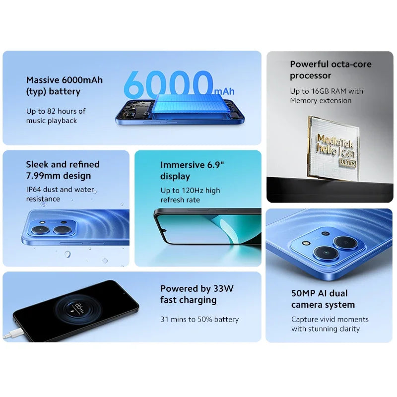 2026 Xiaomi Redmi 15C Smartphone Global Version MediaTek Helio G81-Ultra 120Hz 6.9" Dot Drop display 33W charging