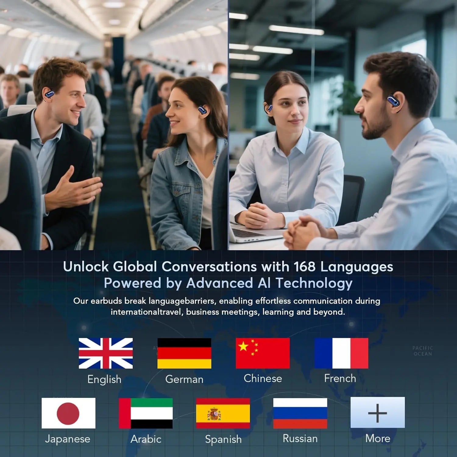 168 Languages AI Translation Earbuds,Bluetooth 5.4 Headphones Translator,Smart Mode Touch Screen Real-Time Earphones Fit Work