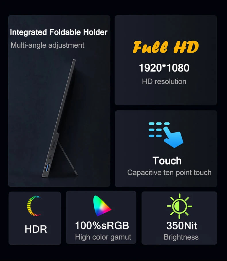 14/15.6 inch 1080p FHD Portable Monitor Touch Screen Dual Speakers HDR IPS 100%sRGB Gaming Display for Laptop Xbox PS4/5 Switch