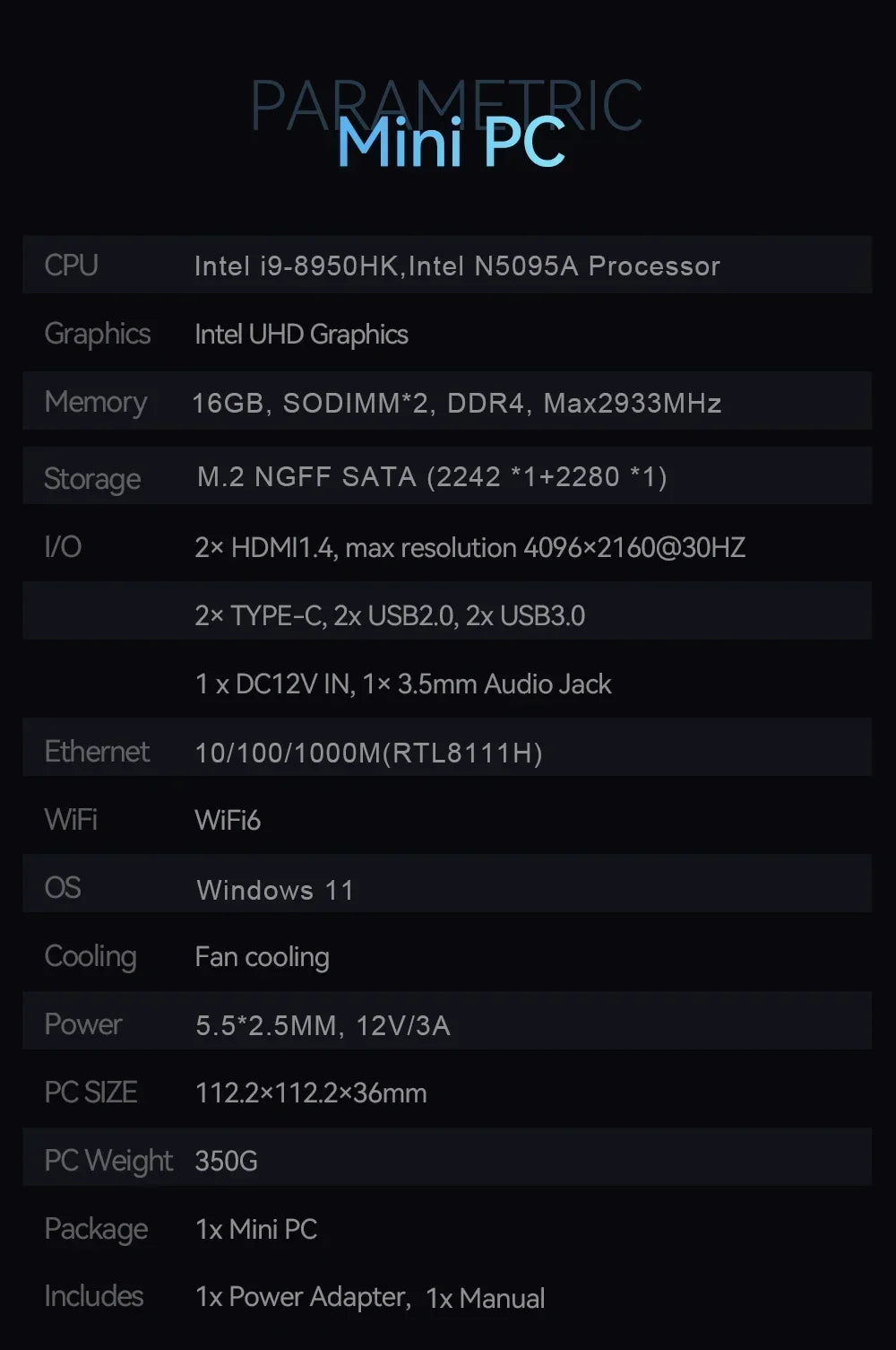 Mini PC Intel Core i9 8950HK Windows 11 Gaming Computer Small Pocket UHD Graphics WiFi6 16GB DDR4 1TB SSD 1000Mbps Dual Desktop