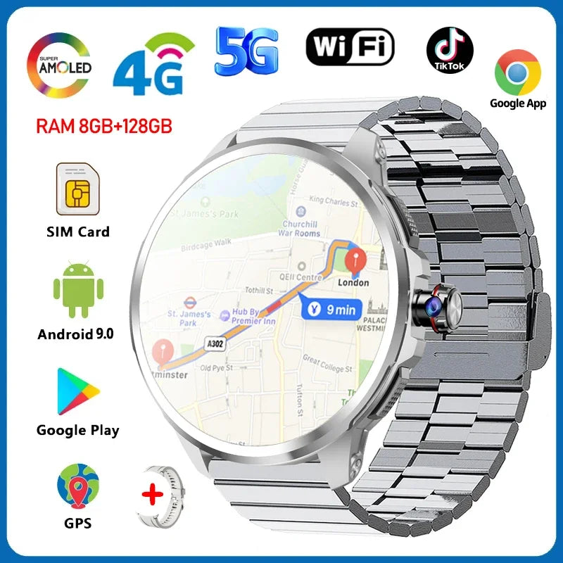 5G/4G Full Network Smart Watch 1.95 inch 720*720 Big Screen HD 8GB+128GB RAM Video Call Smartwatch Google Play WIFI GPS Sim Card
