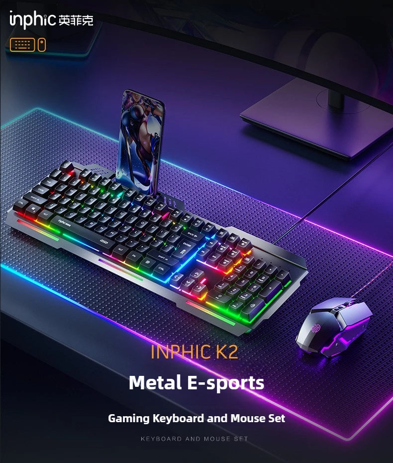 K2 Wired Keyboard Mouse Set Metal Panel RGB Backlight Waterproof Ergonomic Multimedia Buttons 104 Keys Keyboard for Game Office