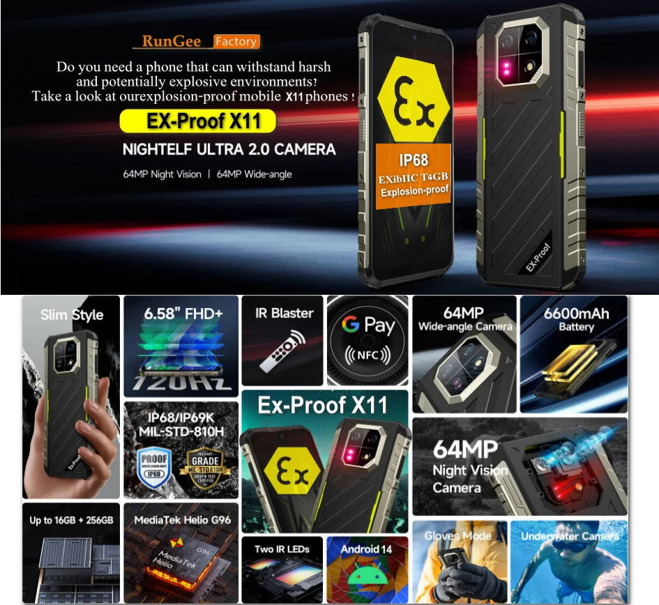 Explosion-proof Phone Rungee Night Camera Android 14, RAM 8GB+256GB ROM, 6.58" ,6600mAh Fingerprint,NFC,64MP