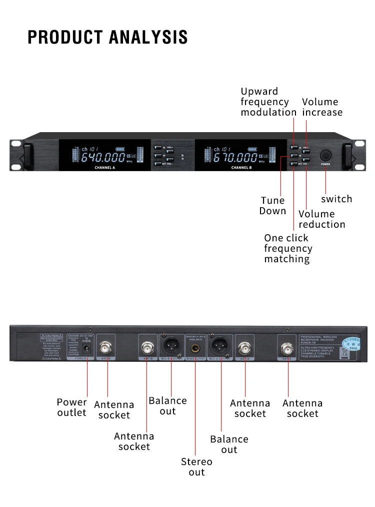 UHF Professional Wireless Microphone 2-channel Metal Handheld  Karaoke Singing Stage Wedding Performance Conference Microphone