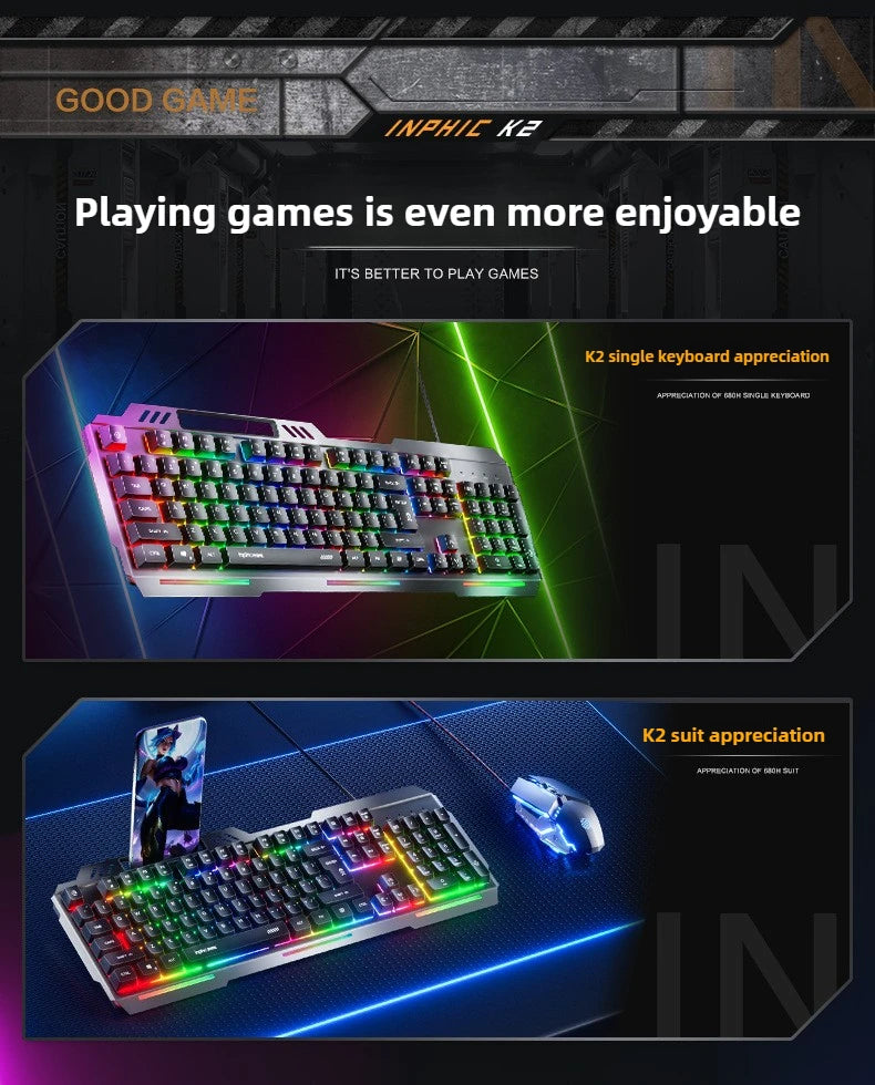 K2 Wired Keyboard Mouse Set Metal Panel RGB Backlight Waterproof Ergonomic Multimedia Buttons 104 Keys Keyboard for Game Office