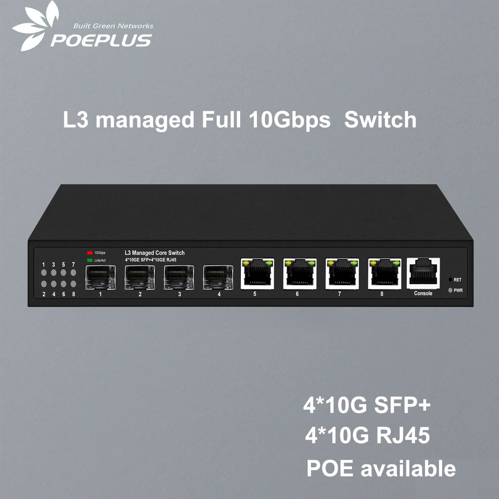 L3 managed Full 10Gbps 8 Ports Network Switch 4*RJ45 and 4*SFP+