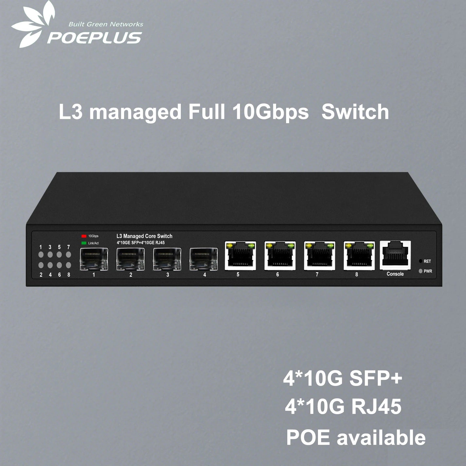 L3 managed Full 10Gbps 8 Ports Network Switch 4*RJ45 and 4*SFP+