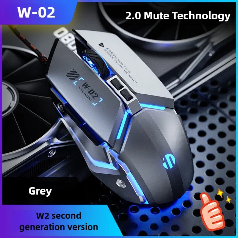 W2 USB Wired Gaming Mouse with Glowing Gamer Mechanical Metal Style Mice Suitable for PC Desktop Laptops Tablet Game Office
