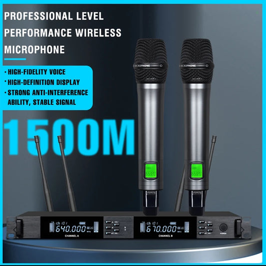 UHF Professional Wireless Microphone 2-channel Metal Handheld  Karaoke Singing Stage Wedding Performance Conference Microphone