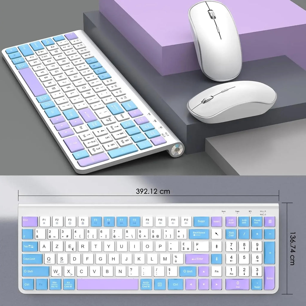 Ergonomic wireless keyboard and mouse, AZERTY, France, quiet and portable, including USB-A and USB-C ports, suitable for Mac/PC/