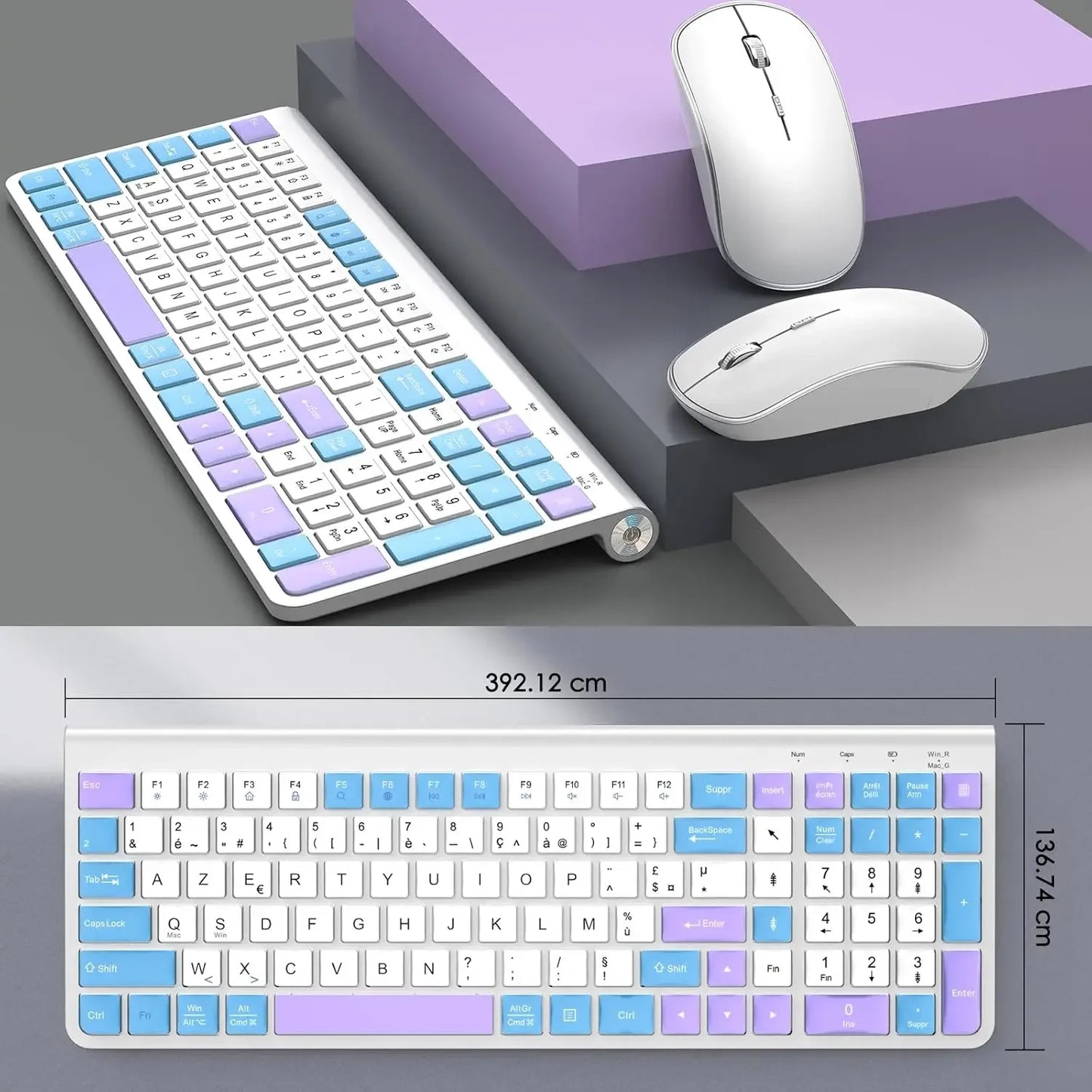 Ergonomic wireless keyboard and mouse, AZERTY, France, quiet and portable, including USB-A and USB-C ports, suitable for Mac/PC/