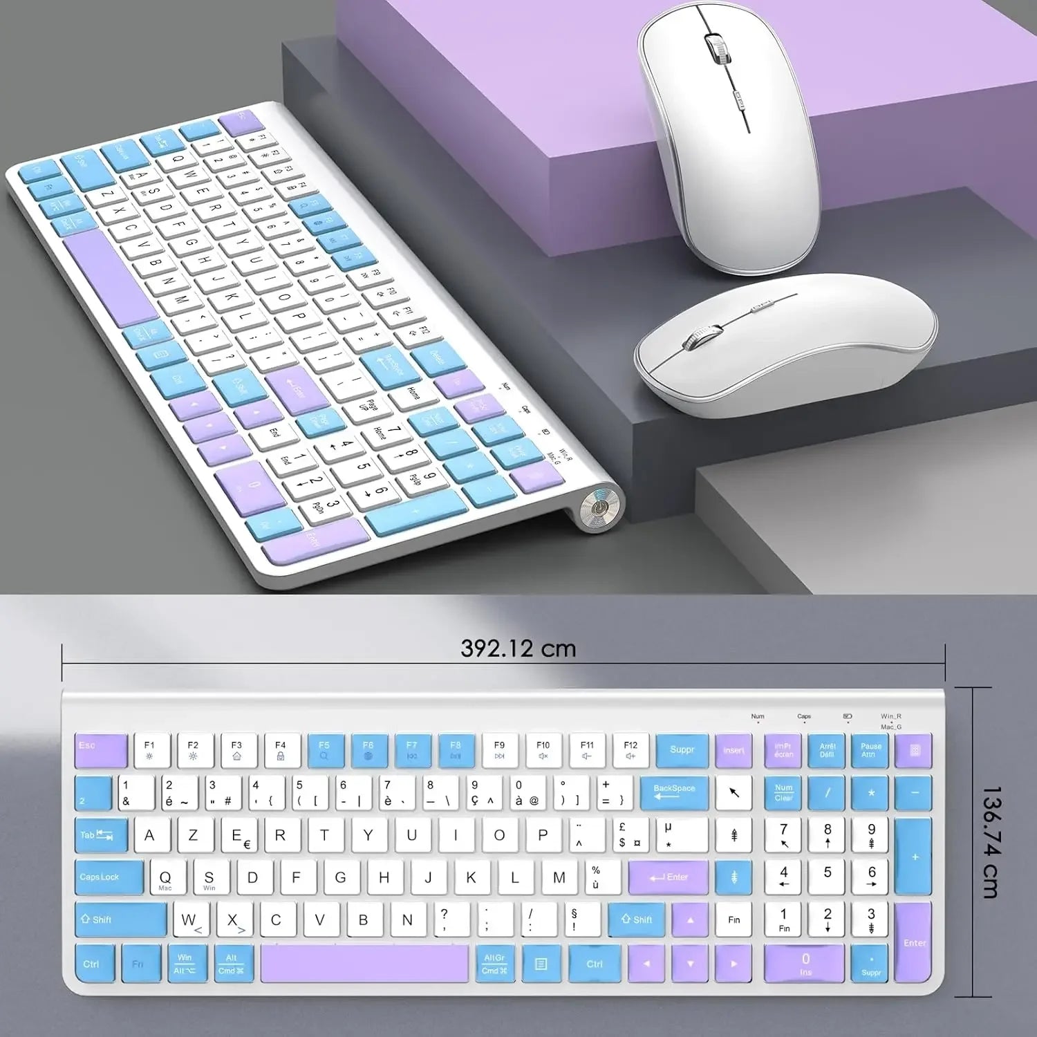 Ergonomic wireless keyboard and mouse, AZERTY, France, quiet and portable, including USB-A and USB-C ports, suitable for Mac/PC/