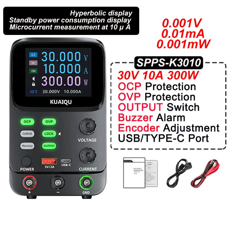 KUAIQU 5 Digits Programmable Adjustable Power Supply 30V 10A,Battery Simulation Tester,Real time Curve Display Voltage Current