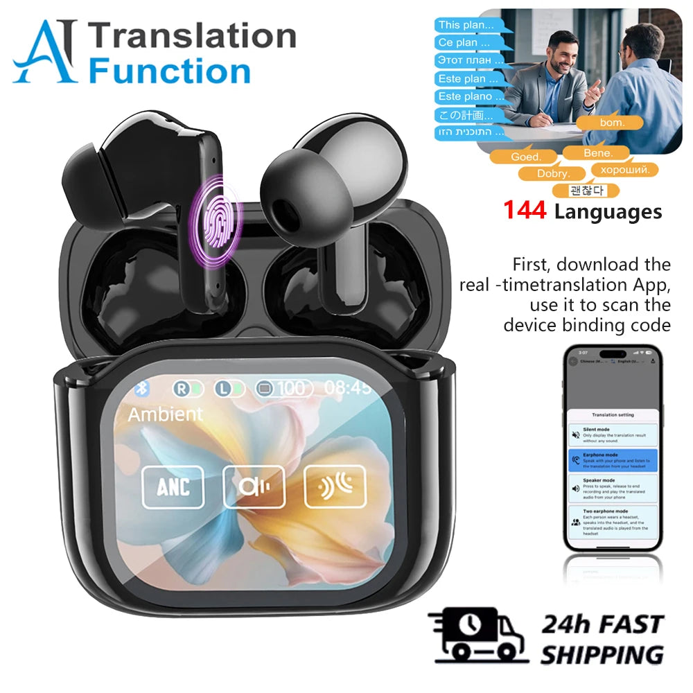 Real Time Translators Headphones with Touch Screen 144 Languages Translation Bluetooth 5.4 Earbuds Noise Cancelling Headset