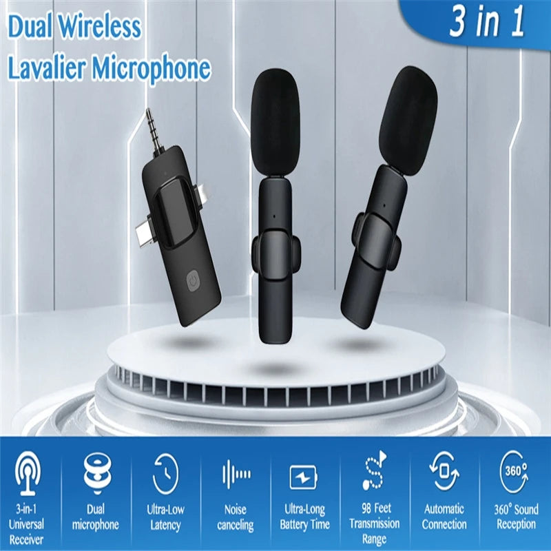 3 In 1 Wireless Lavalier Microphone for Android 3.5mm for radio Live Recording Noise Reduction Professional Mini Microph