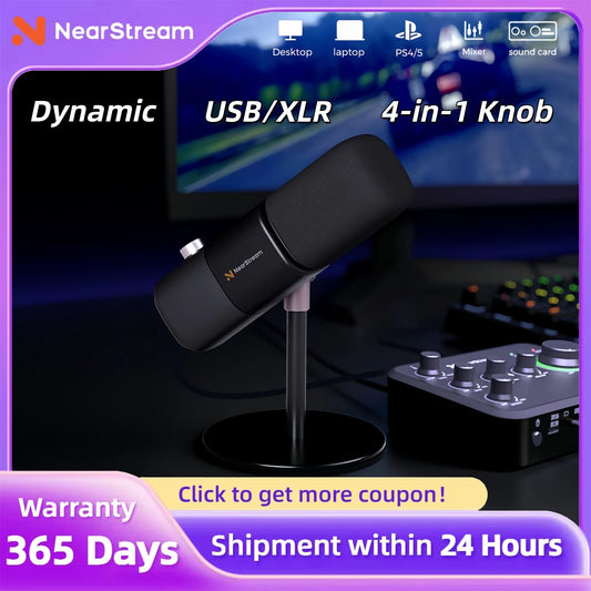 NearStream Dynamic XLR USB Mic Desktop Professional Microphone Plug-and-Play for Gaming Studio Streaming Podcast Recording pc