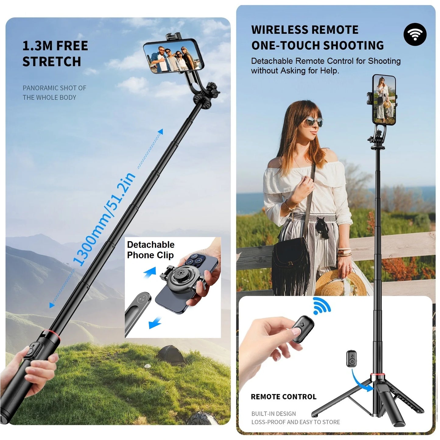Magnetic Selfie Stick Tripod Stand for iPhone Samsung Huawei Cellphone 1.3m Extendable Magsafe Phone Tripod with Wireless Remote