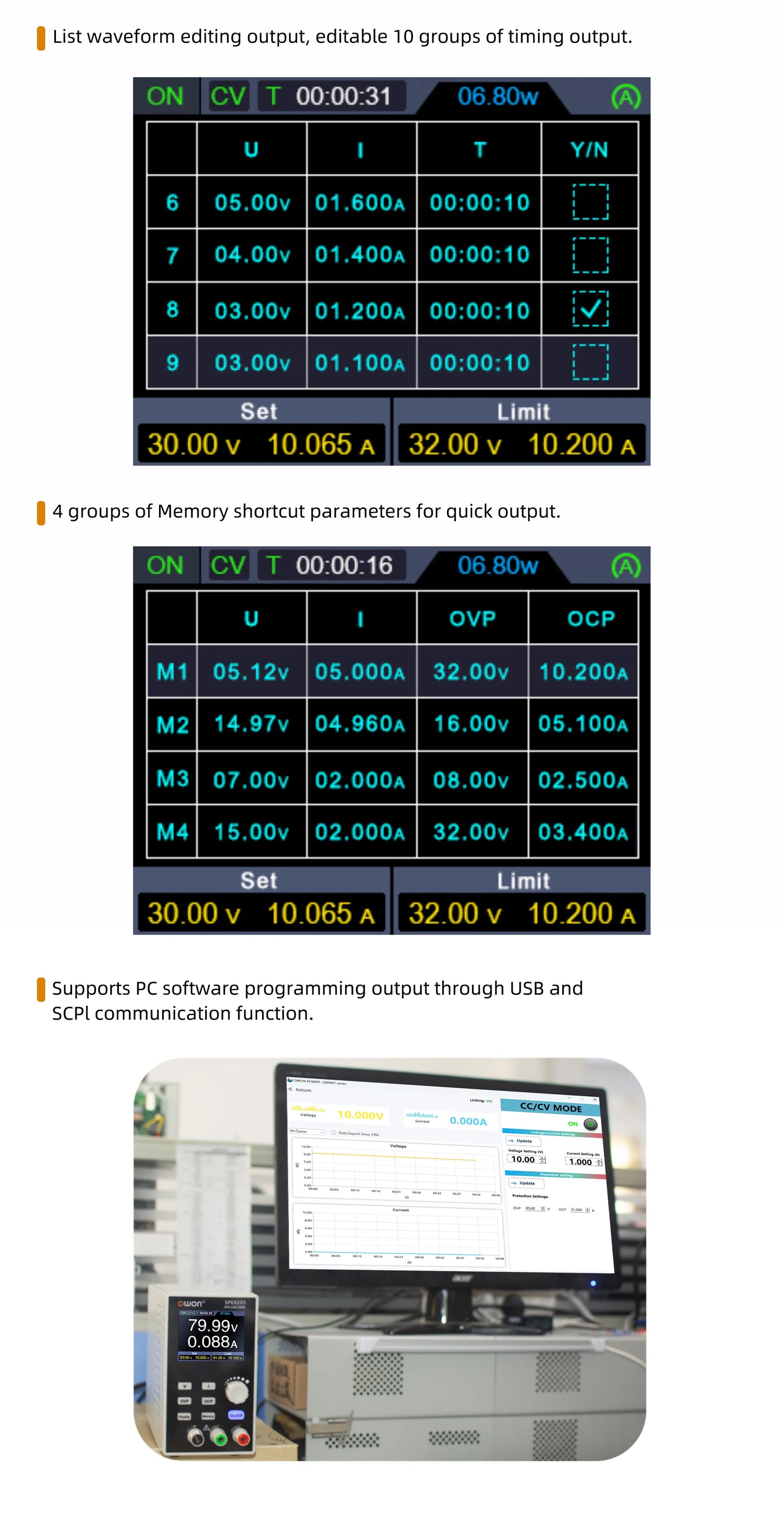 OWON SPE8205 SPE8105 Programmable DC Power Supply, 80V 10/20A 500W Portable Laboratory Power Supply List Waveform Editing Output
