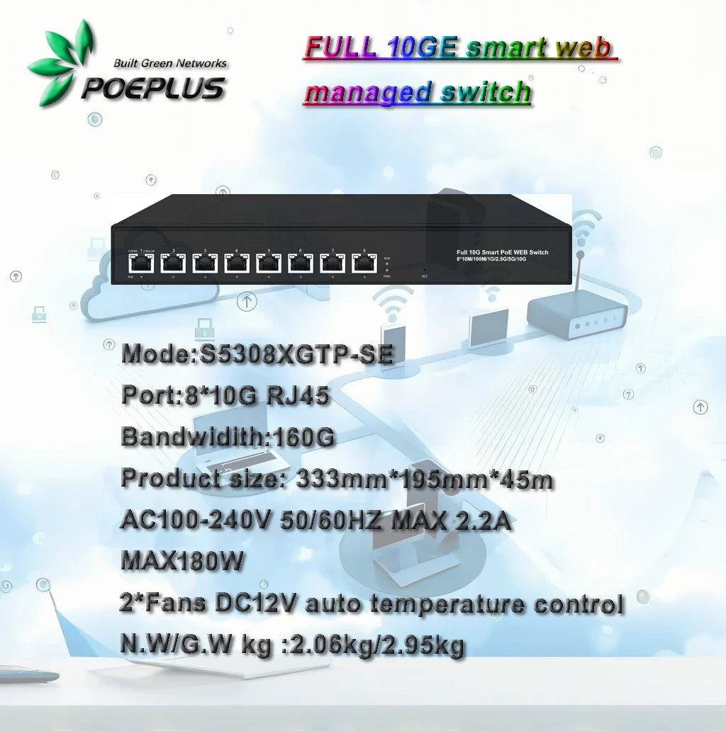 8 ports 10Gbe  switch|multi-gigabit web managed switch|POE or NON ,100/1000/10000M are adaptive