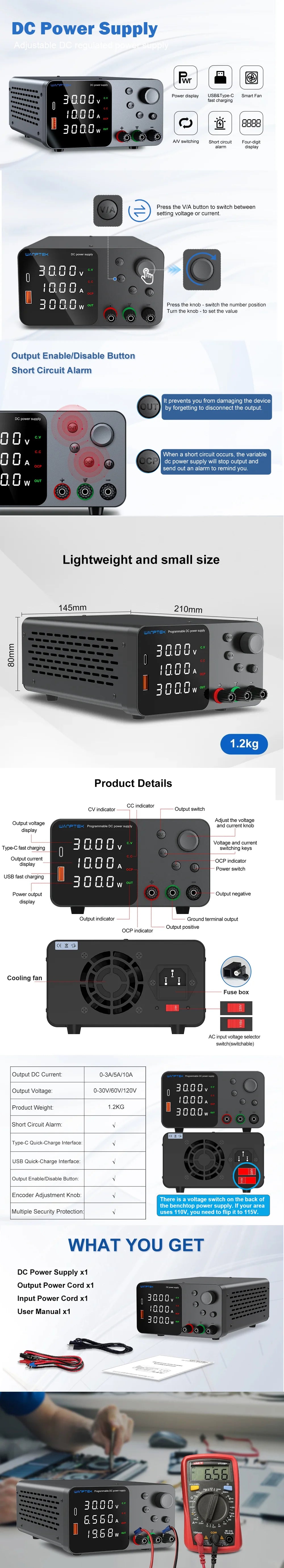 Wanptek DC Power Supply 30V 10A 5A Variable Bench Power Supply Adjustable Lab Power Supply 60V 5A 120V 3A  Voltage Regulator