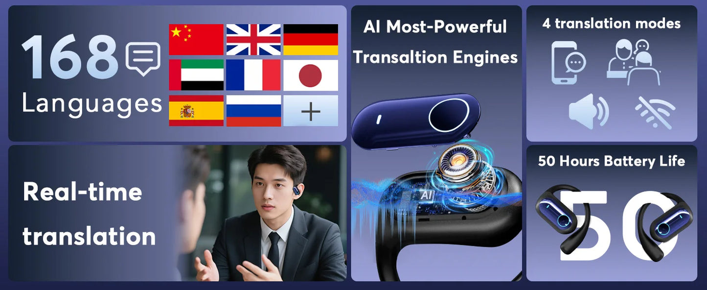 168 Languages AI Translation Earbuds,Bluetooth 5.4 Headphones Translator,Smart Mode Touch Screen Real-Time Earphones Fit Work