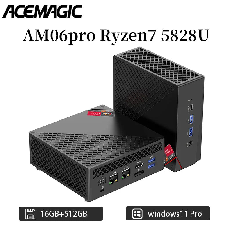 ACEMAGIC AM06Pro Mini PC Ryzen 7 5825U 16GB RAM 512GB SSD Turbo Boost up to 4.5GHz M.2 2230 WiFi 6+BT5.2 Supports 3-screen displ
