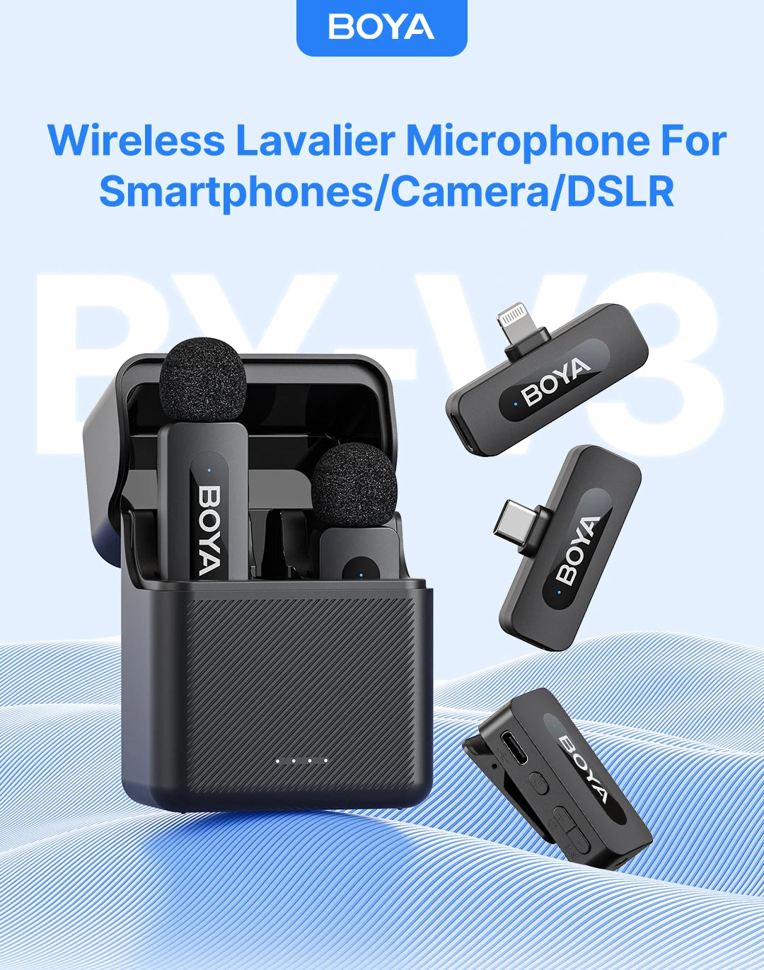 BOYA BY-V3 Wireless Lavalier Lapel Mirophone Noise-cancelling Rechargeable Mic for iPhone Android Camera Live Streaming Vlogging