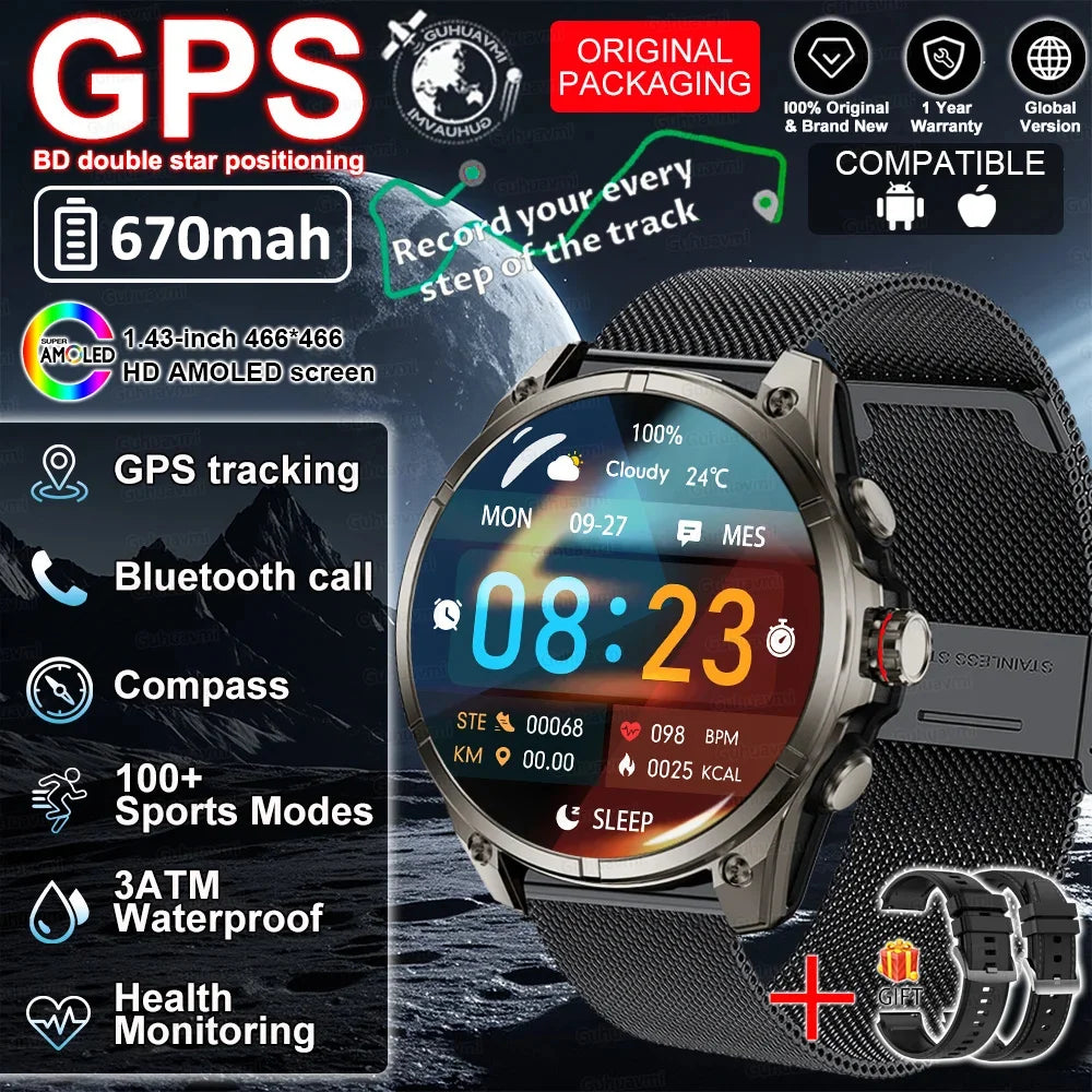 New GUHAUVMI GPS 670mAh Large Battery Durable Adult Smart Watch GPS Compass Altimeter Waterproof BT Call Sports Smartwatch Men