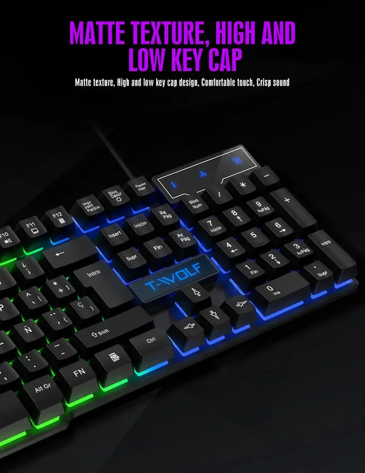 T20 Wired Keyboard Mouse Set 104 Keys RGB Blacklight Multi-function Shortcut USB Wired Gaming Keyboard English Russian Spanish