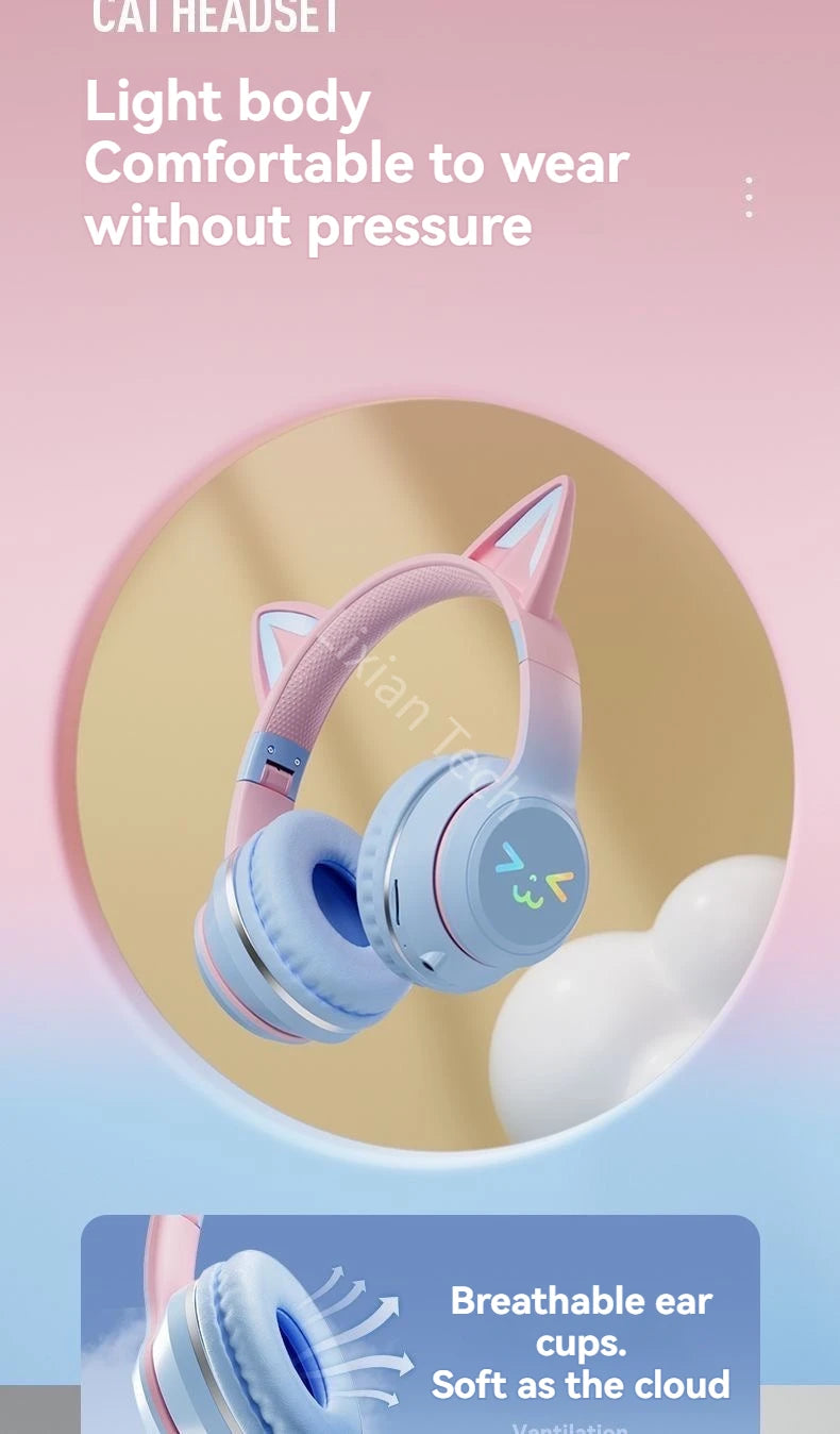 wireless Headphones RGB cute cat ear Bluetooth Earphones with microphone Stereo Music Game Earphone Girls Kids Gifts For XiaoMi